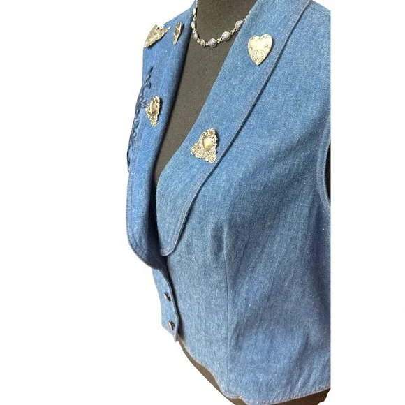 Vintage Denim Vest Embellished Pewter Charms Floral Appliqué Size 14 - Picture 3 of 10